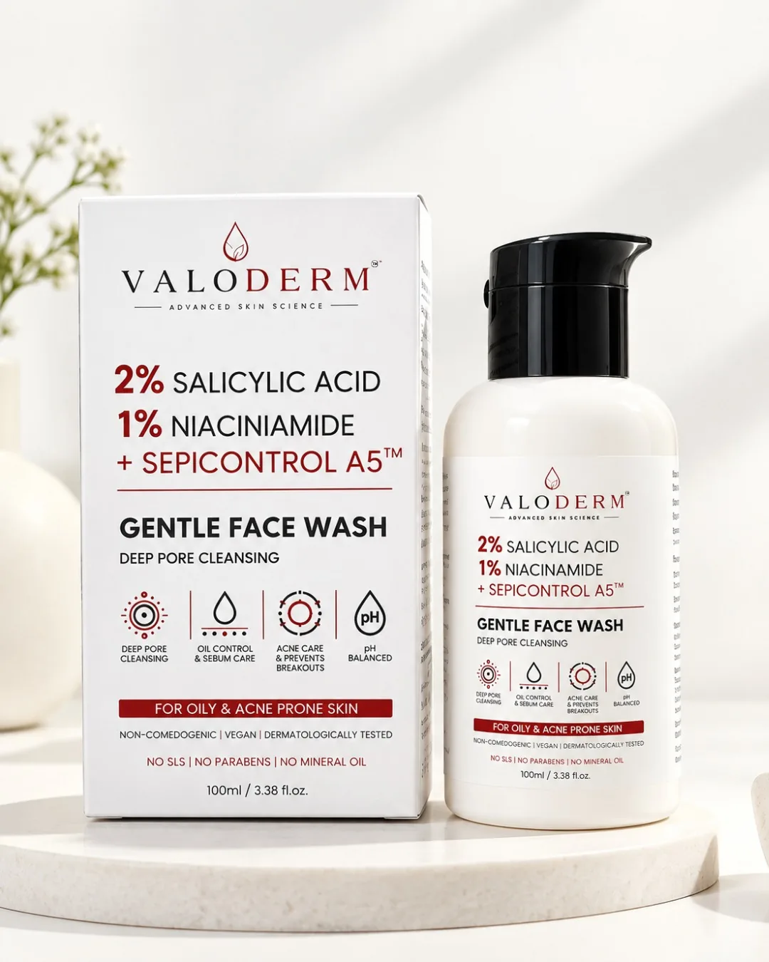 VALODERM Gentle Face Wash bottle and carton on a stone plinth