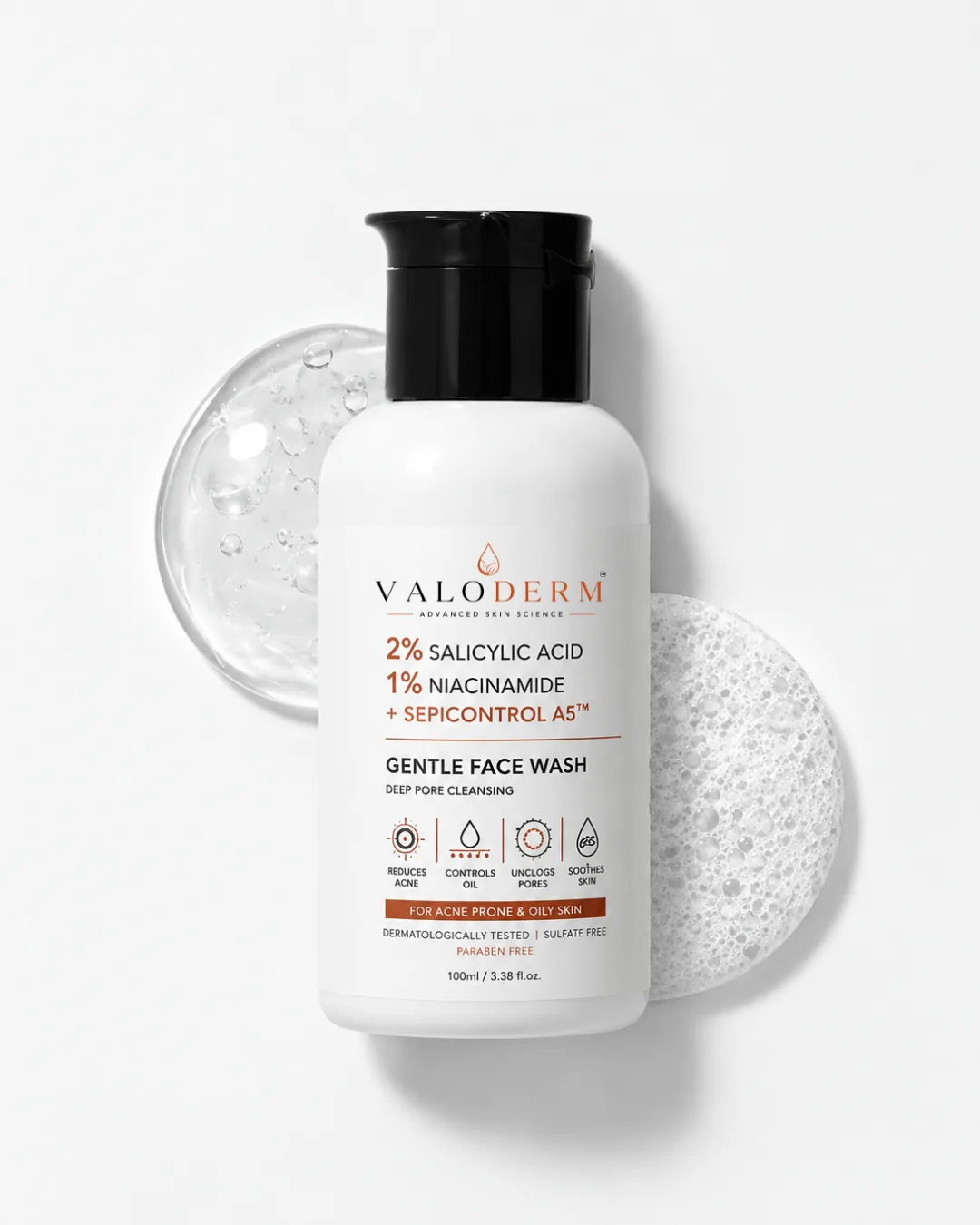 VALODERM Gentle Face Wash with a swatch of clear gel and rich foam