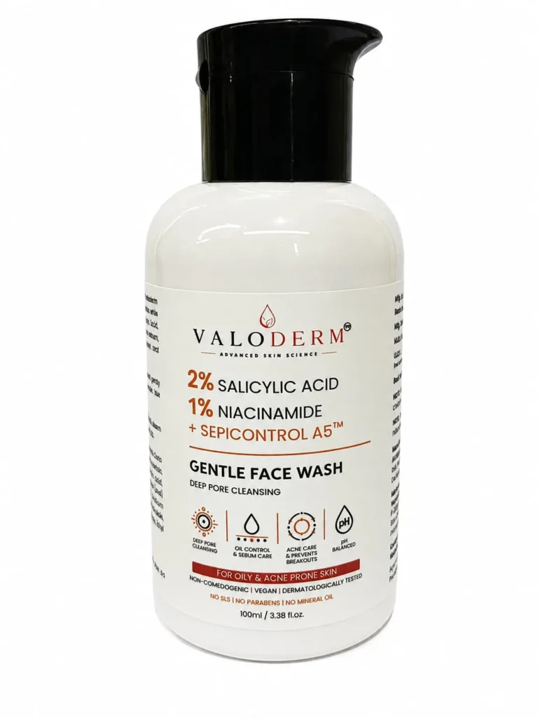 VALODERM Gentle Face Wash 100 ml bottle with 2% Salicylic Acid, 1% Niacinamide and Sepicontrol A5