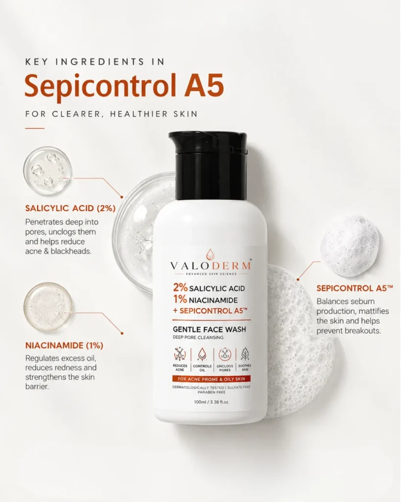 Key ingredients: 2% Salicylic Acid unclogs pores, 1% Niacinamide regulates oil, Sepicontrol A5 balances sebum