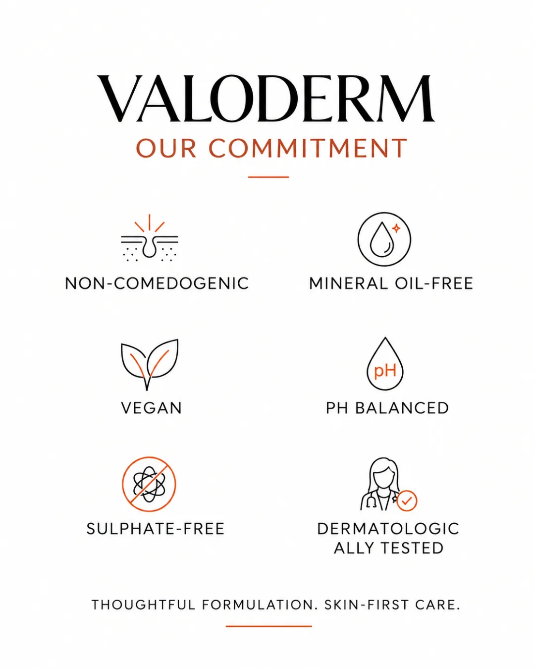 VALODERM commitment: non-comedogenic, mineral oil-free, vegan, pH balanced, sulphate-free, dermatologically tested